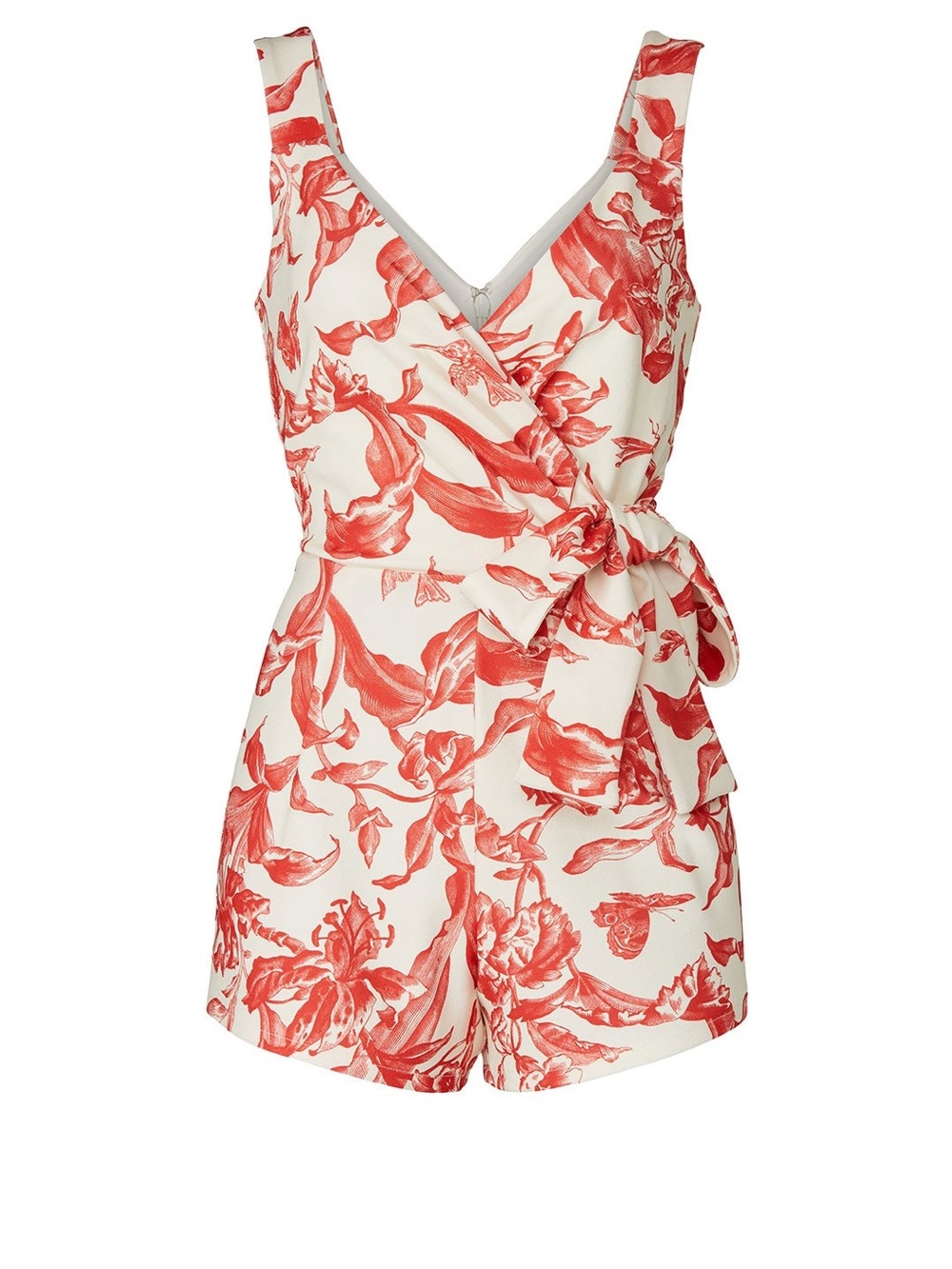 Great Jones Floral Sleeveless Wrap Romper in Coral/Cream Toille Medium